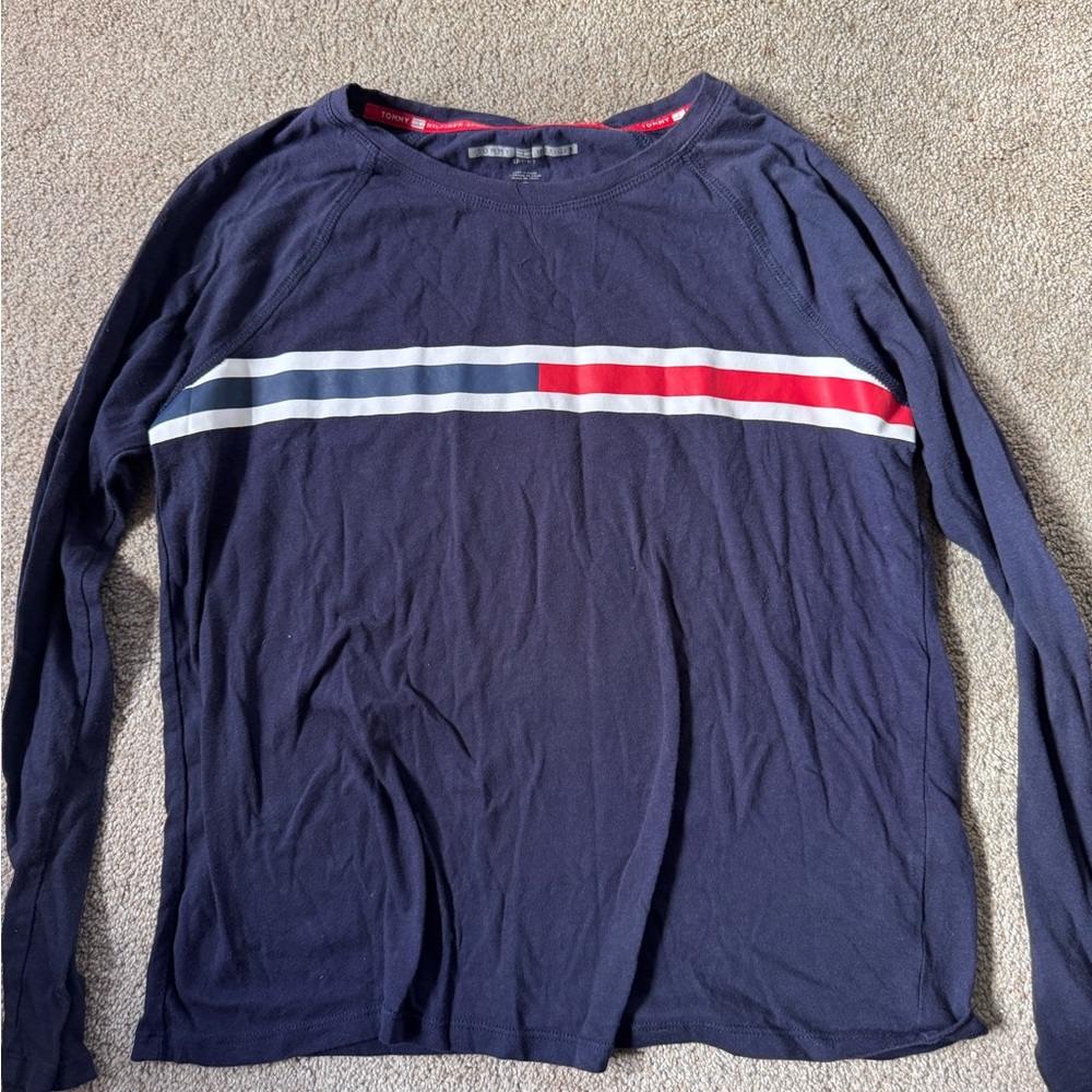 Tommy Hilfiger Navy Long-Sleeve Tee with White & Red Chest Stripe